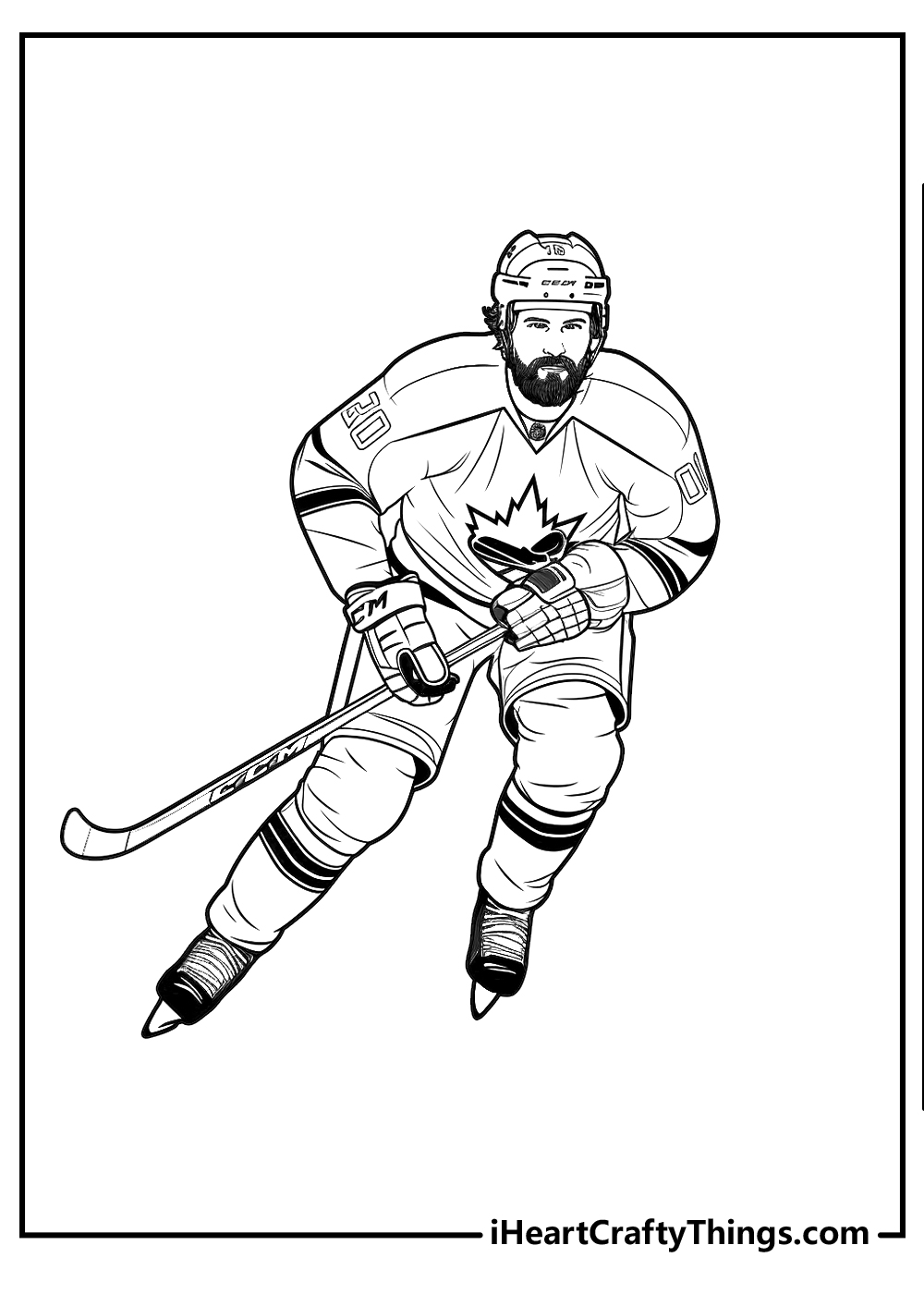 Detailed coloring printable featuring NHL player on a move with empty backgorund