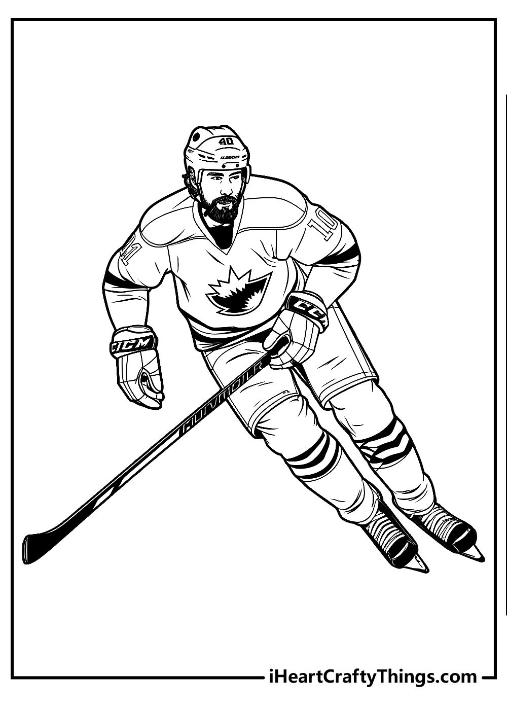 NHL-themed coloring sheet featuring hockey player with number 10 on his t-shirt in action