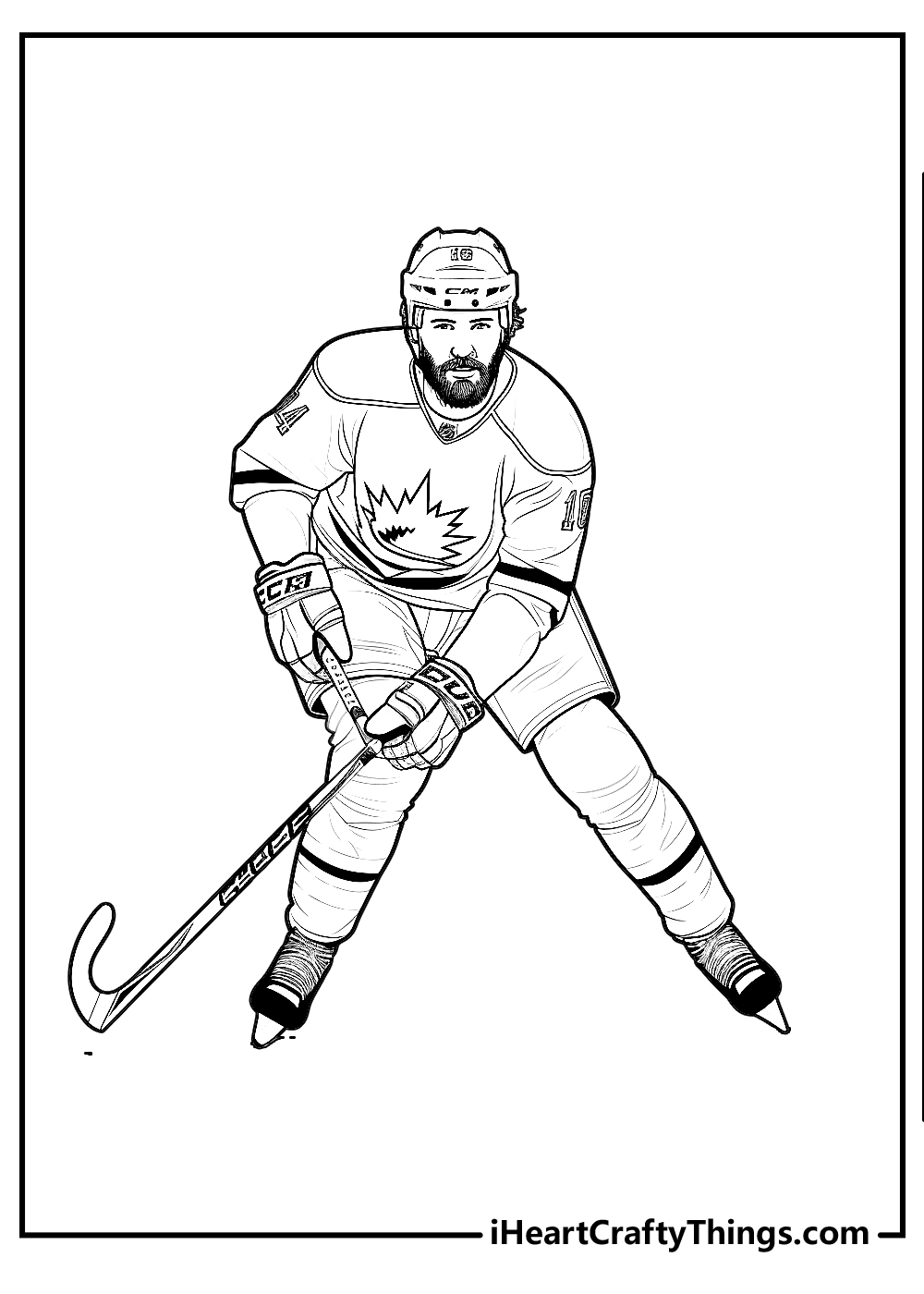 Detailed coloring image for adults featuring NHL player in action moving straight ahead