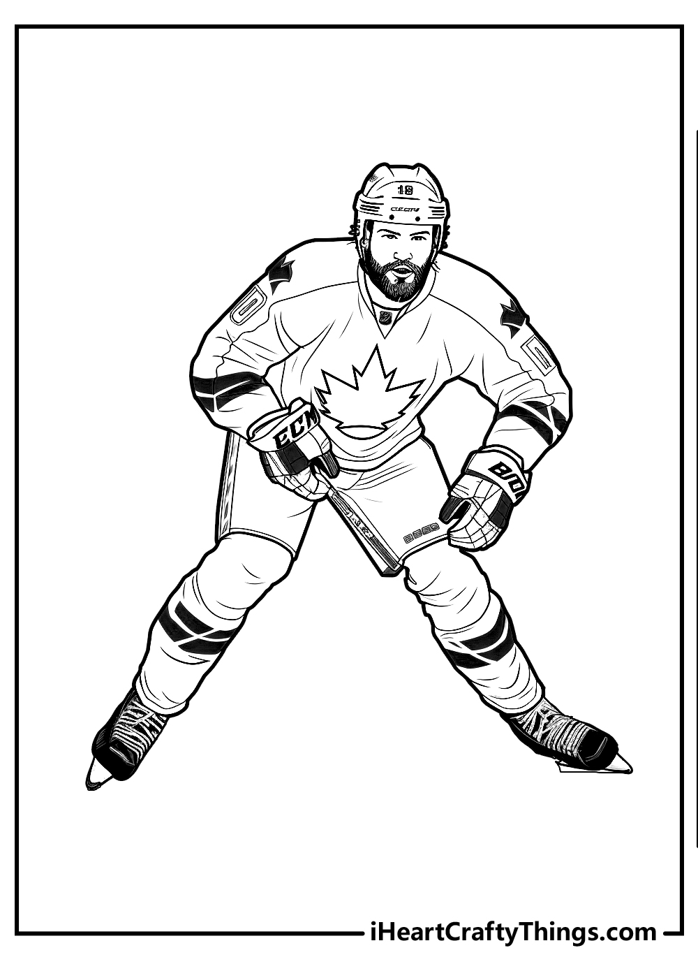 Free coloring poster featuring NHL player standing with legs spread widely without his stick