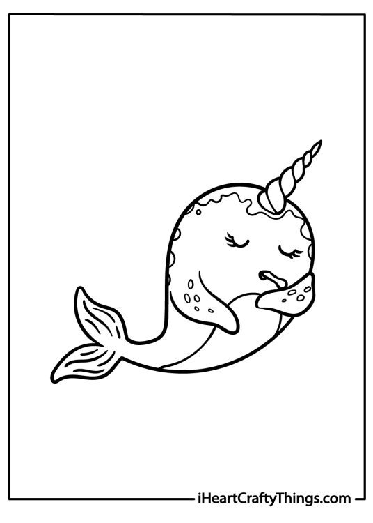 Coloring image of a little narwhal sleeping with closed eyes and peaceful expression on its face