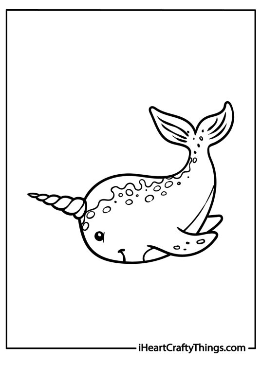 Coloring card featuring cartoony narwhal with dotted body and large tail fin facing to the left