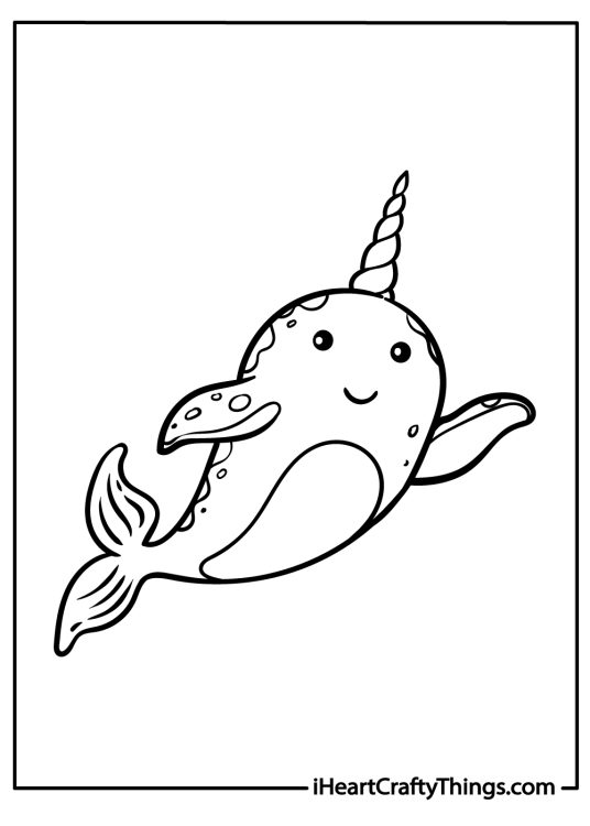 Coloring image for kids featuring smiling narwhal waving to us with his small fin