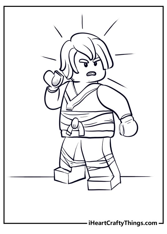 Lego Ninjago coloring page featuring ninja looking furious in his karate outfit with a belt