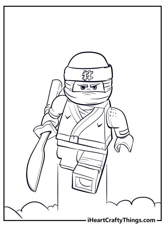 Lego Ninjago printable featuring ninja with a headband holding a gleaming sword in his right hand