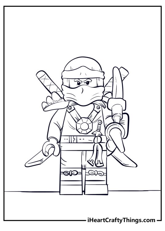Lego Ninjago coloring poster featuring ninja with swords strapped to his back and a small knife in his belt