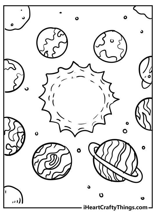 Outer Space coloring page featuring bright Sun at the center surrounded by eight planets
