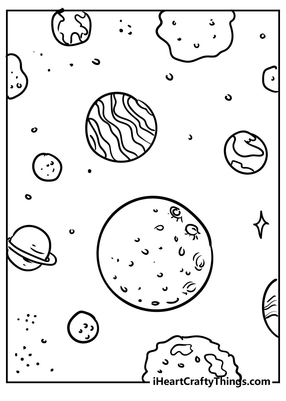 Detailed Outer Space-themed coloring page presenting some unique planets, moons and stars