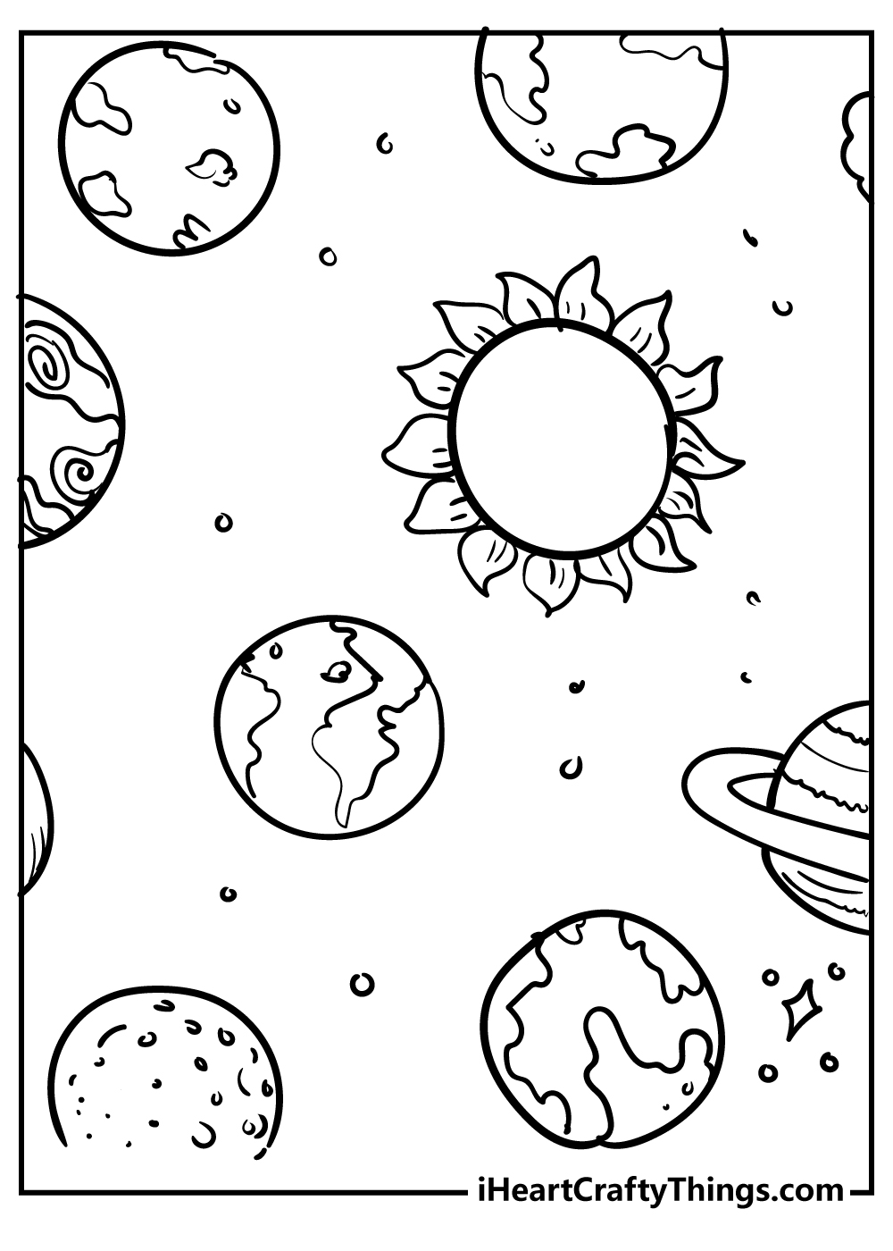 Outer Space coloring sheet for kids featuring collection of beautifully detailed planets