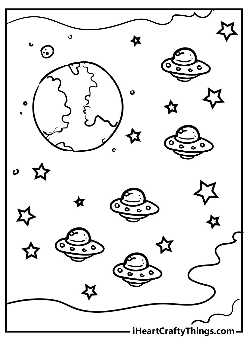 Black-and-white Outer Space picture featuring planet Earth surrounded by five alien spaceships and stars