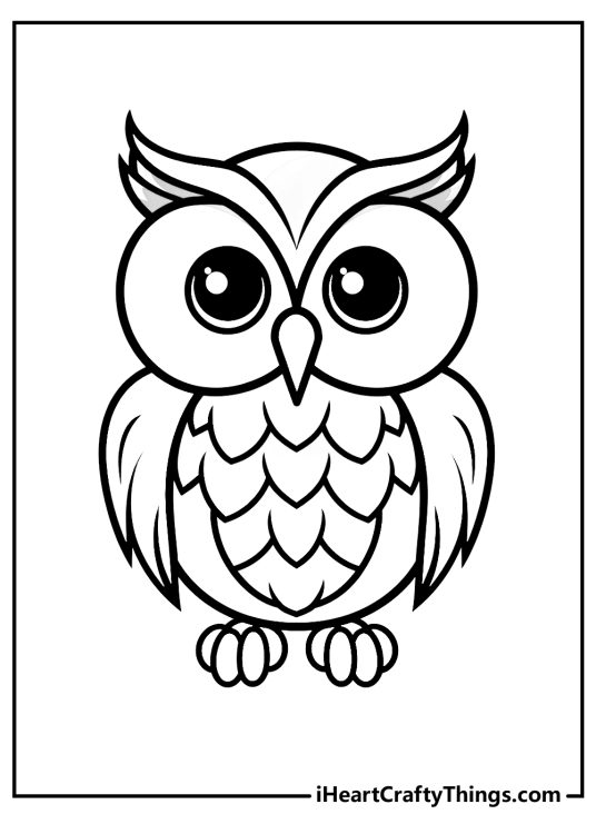 Free printable pdf depicting simple design owl with big round eyes and body covered in feathers