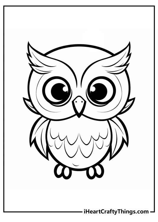 Printable coloring page for kids depicting playful owl with huge eyes and feathery body