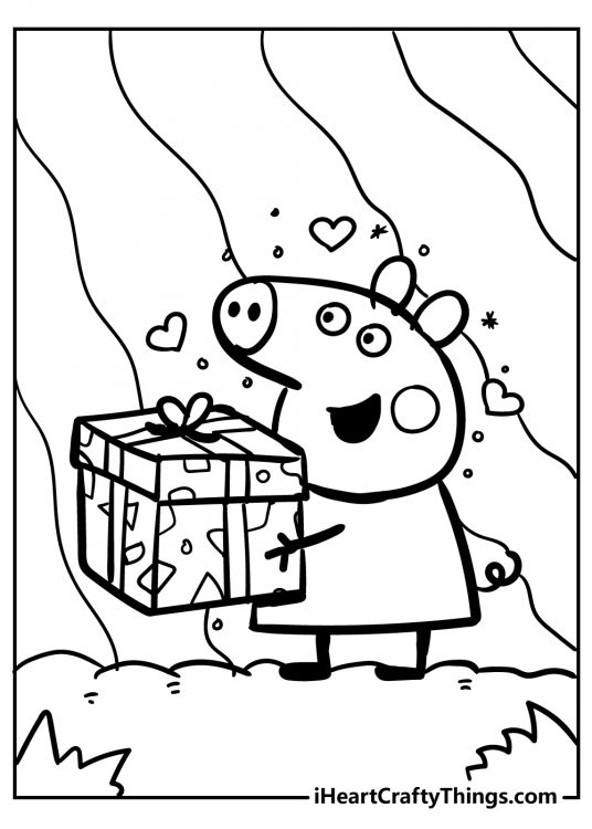 Picture for children presenting Peppa Pig carrying an enormous size gift with hearts all around her head