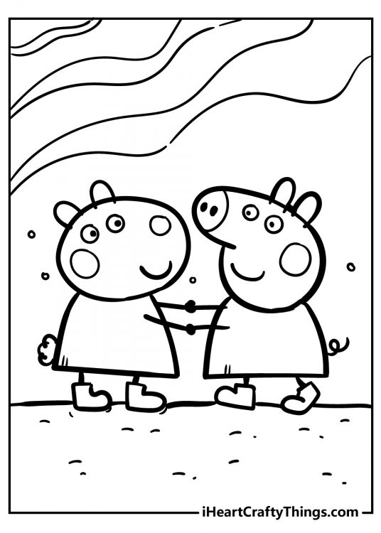 Picture showing Peppa Pig and Suzy Sheep holding hands and playing outside in their rain boots