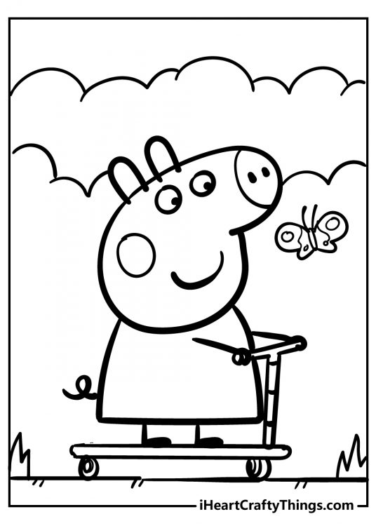 Coloring page of a Peppa Pig featured on her scooter with a little butterfly near her face