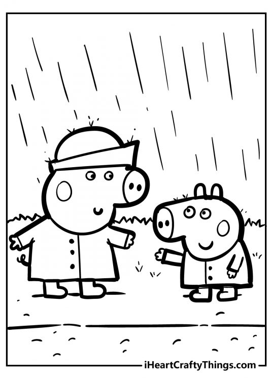 Detailed picture to print featuring Peppa Pig and George wearing raincoats on a walk outdoors on a rainy day