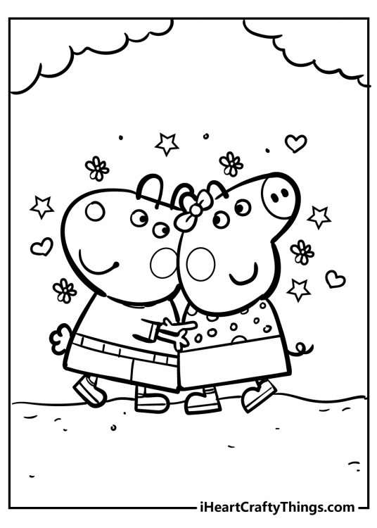 Image of a Peppa Pig and her friend Suzy Sheep giving each other a hug with hearts and flowers floating in the air