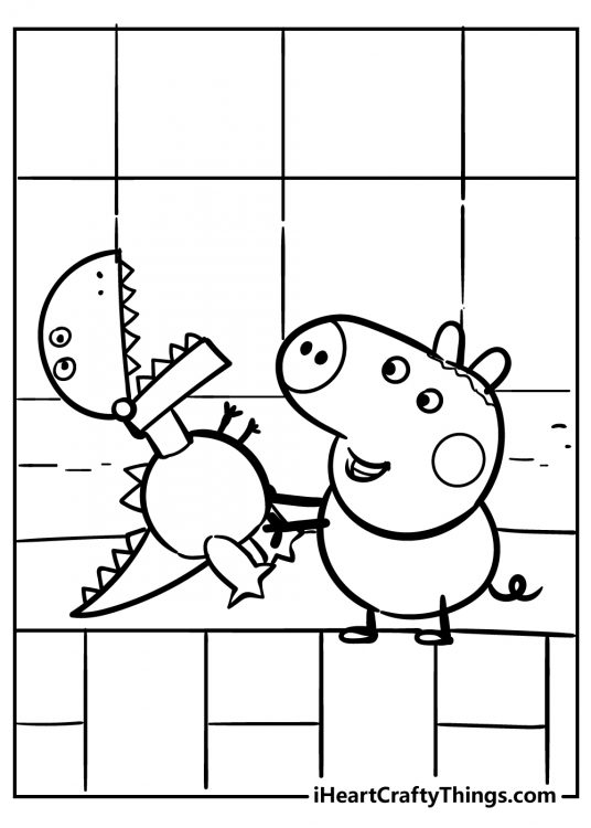 Peppa Pig-themed picture showing George happily smiling and playing with Mr Dinosaur