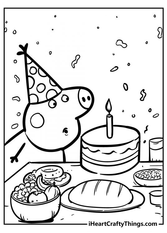 Poster featuring Peppa Pig blowing out the candle on her birthday cake with more delicious treats on the table