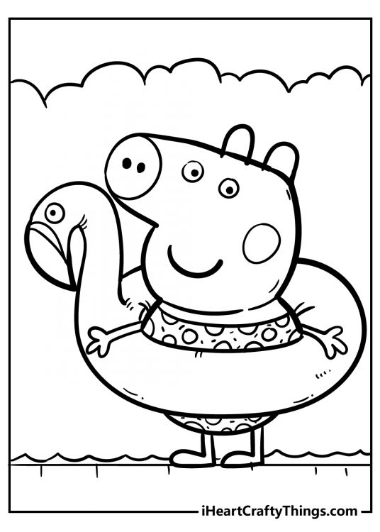 Detailed picture showing Peppa Pig with a flamingo pool floaty and polka dot swimming costume