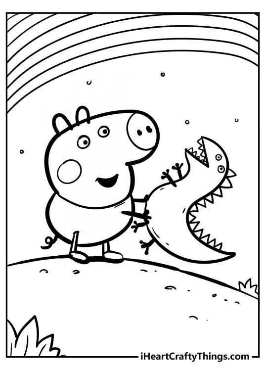Peppa Pig-themed coloring page depicting George playing with Mr Dinosaur on a hill under a rainbow