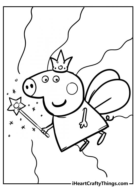 Picture to print and color of a Peppa Pig dressed as a fairy princess waving a magic wand with a star on top
