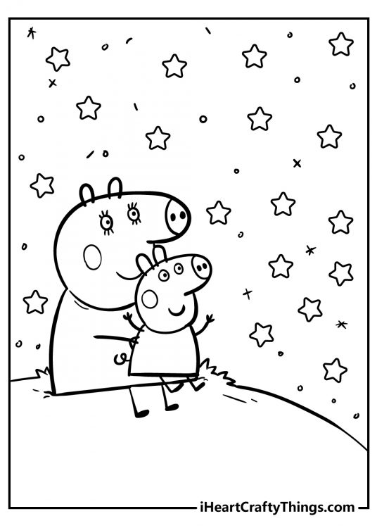 Coloring drawing featuring Peppa Pig sitting outside on Mummy Pig’s lap on a hilltop and watching stars