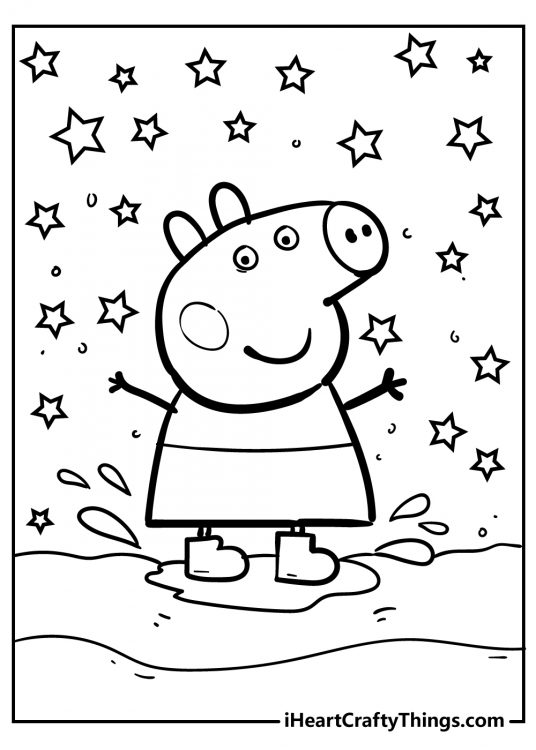 Detailed coloring sheet depicting Peppa Pig standing in a mud puddle with stars all around her