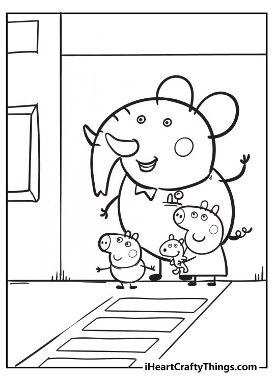 Picture featuring Peppa Pig and George leaving their dentist Doctor Elephant who is waving to them in the background