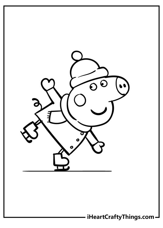 Coloring page for children of a Peppa Pig gracefully gliding across the ice in her hat and scarf