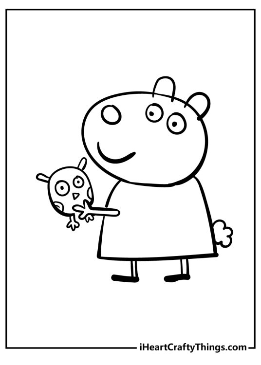 Peppa Pig-themed picture featuring Suzy Sheep holding a little owl stuffed animal