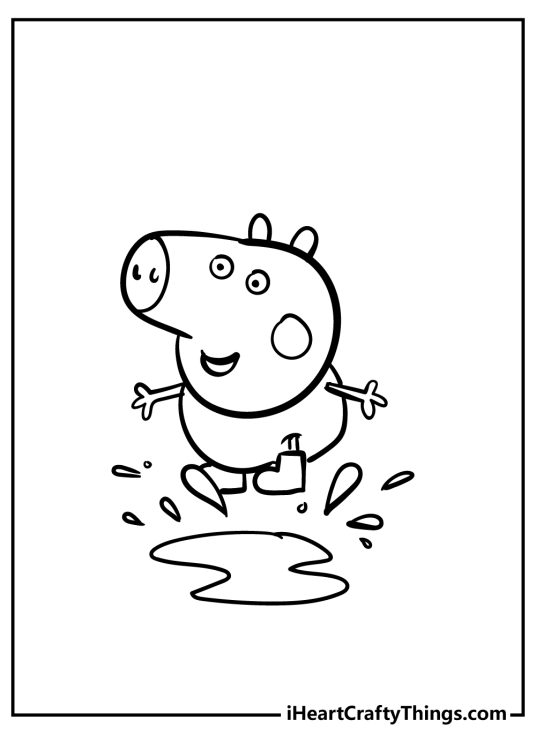 Peppa Pig-themed picture for pre-schoolers showing George Pig jumping in a puddle