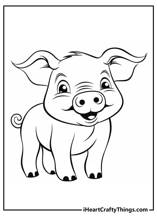 Printable drawing of an adorable pig with a round oversized head and tiny body balanced on four little hooves