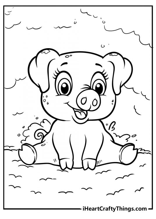 Picture for kids of a little pig enjoying splashing around in a shallow puddle on a warm day