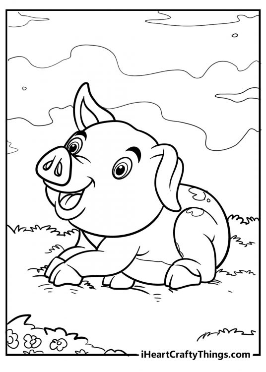 Free printable pdf for children depicting cute smiling pig taking a rest on a grass