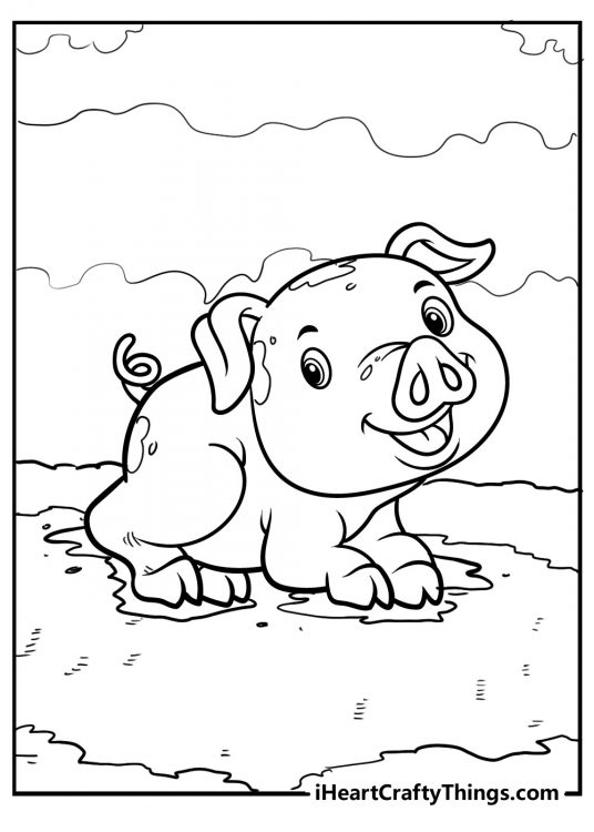 Free printable coloring picture for kids featuring little pig playing in a mud puddle