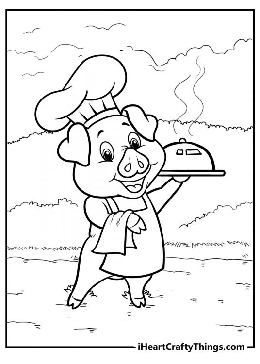 Picture for children of a pig in a chefs hat and apron holding a steaming plate of something tasty