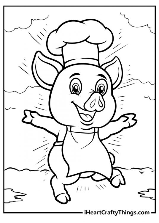 Free printable picture for kids presenting cheerful dancing pig dressed up as a chef