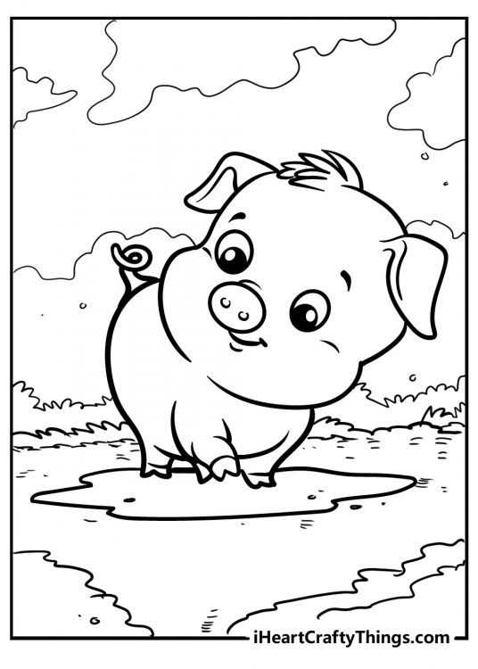 Free coloring pdf for kids featuring little piglet carefully standing in a puddle