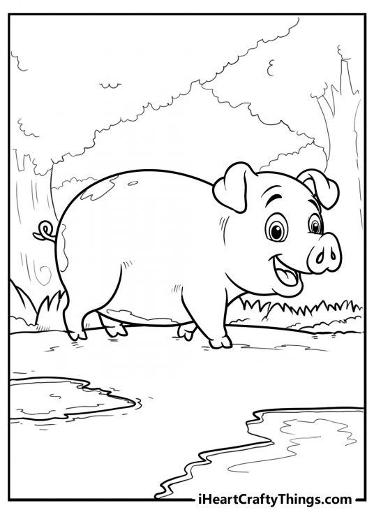 Free printable image of a happy cartoony pig walking outdoors and searching for something