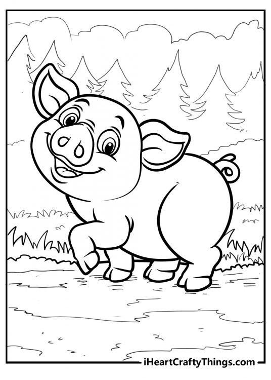 Coloring drawing featuring pig walking happily by thick grass and a forest of tall trees in the background