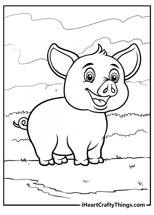 Detailed coloring image of a cheerful pig with curly tail and round belly walking outdoors