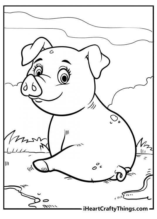 Detailed coloring picture for kids showing cute sitting pig turned around to smile at us