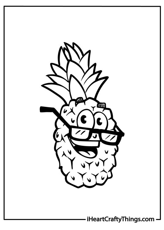 Coloring image featuring cartoony pineapple with a big smile on his face wearing glasses