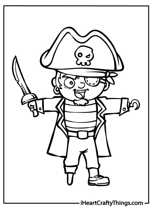 Pirate coloring page featuring a cheerful pirate with a hook for a hand and a sword