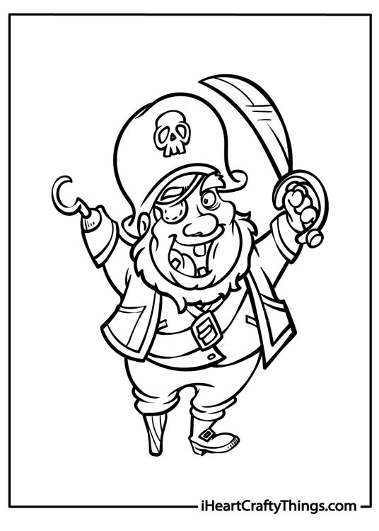 Pirate coloring page for kids showing an old pirate holding a sword in one hand