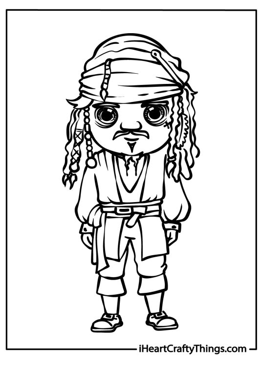 Pirate coloring page featuring a stylish pirate wearing a bandana over dreadlocks