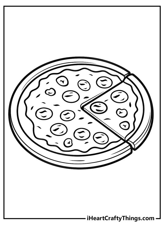 Picture to print and color presenting pizza covered with various toppings and sauce