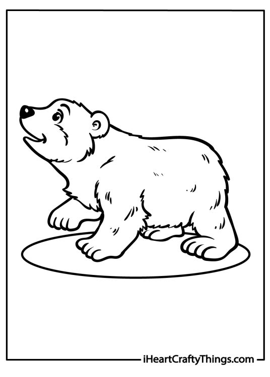 Detailed printable of a polar bear standing on a small ice floe looking up at the sky with a big smile