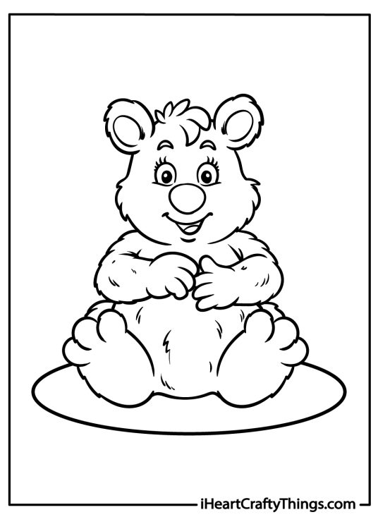 Coloring page for kids with a cute smiling polar bear sitting comfortably on a round base
